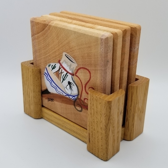 Drink Beverage Coasters Hand Painted Wood Holder Native American Southwest Set 4 - Picture 10 of 11